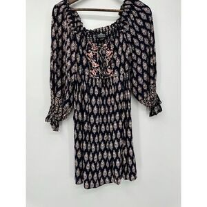 Peasant Mini Dress Smocked Neck Puff Sleeve Boho Cottagecore Navy Paisley